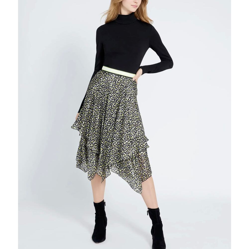 Alice + Olivia Tarina Handkerchief‎ Silk Blend Midi Skirt Neon Multi Sz 0